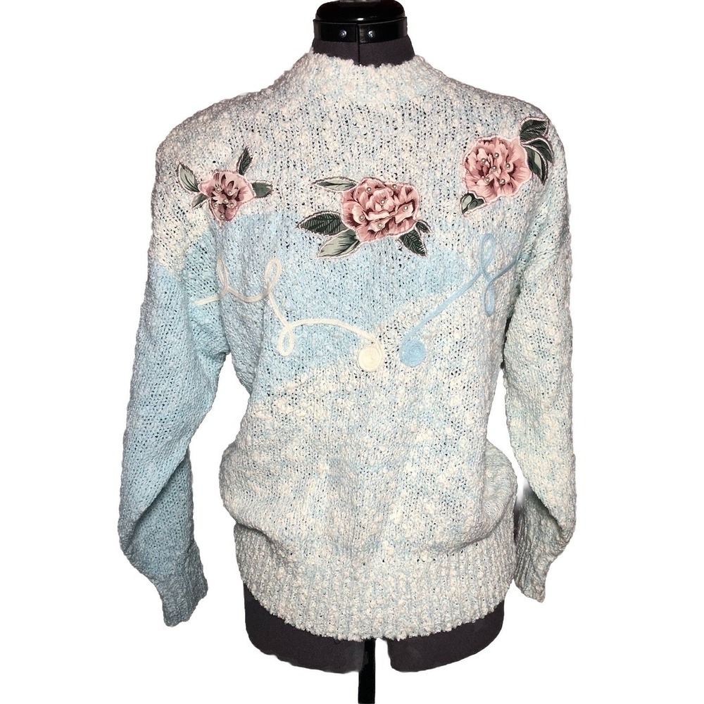 Vtg 90s Sweater Needles & Yarn Floral Pastel Blue Pullover Cottagecore B43 L